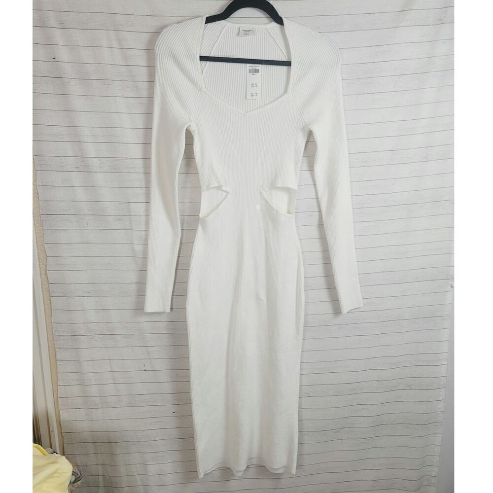 ABERCROMBIE & FITCH CUTOUT LONG SLEEVE RIBBED MIDI DRESS IN WHITE, SZ SMALL TALL